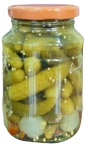 Cornichons with silverskin onion pickle jar